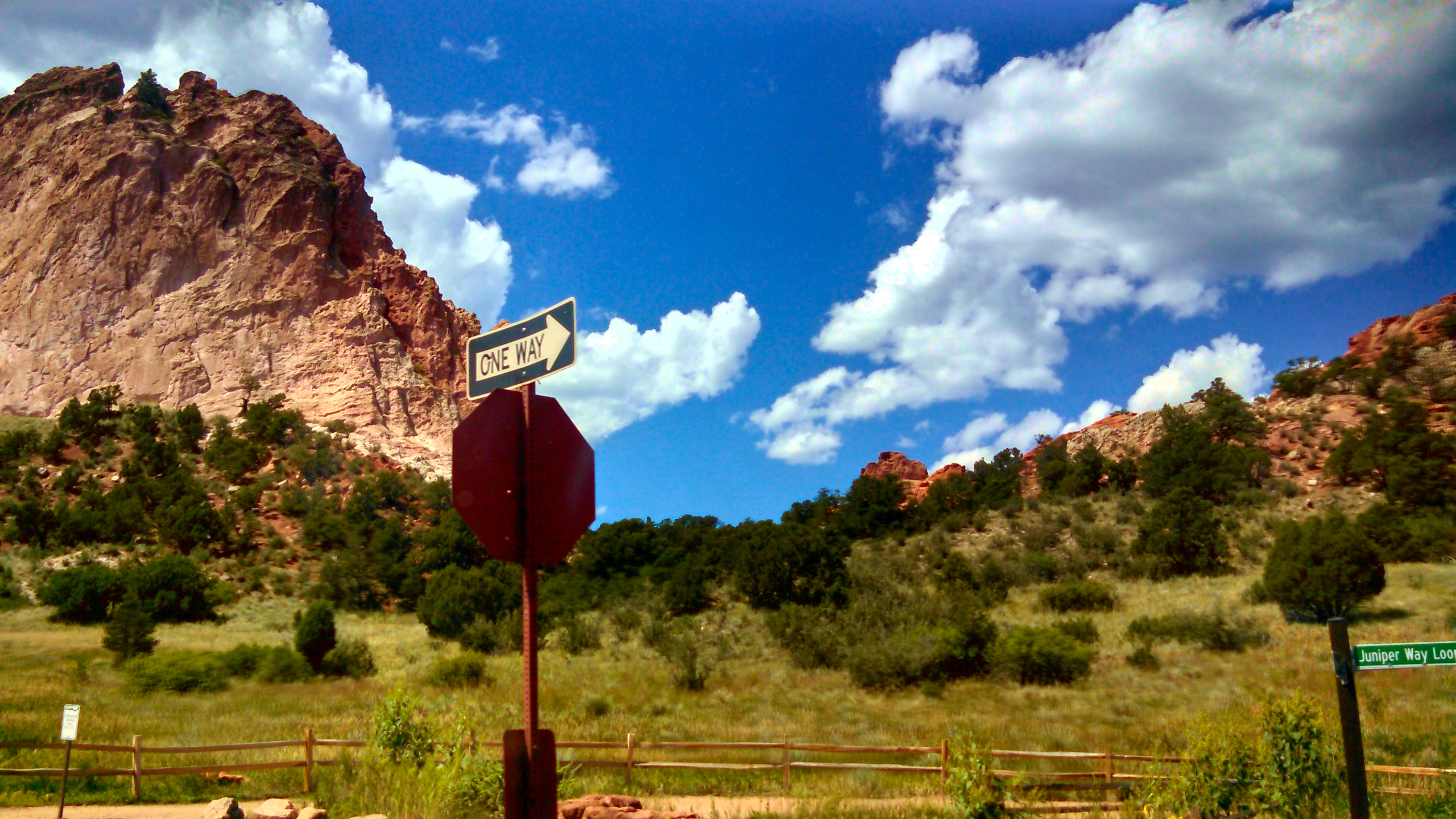 There is grass on the bottom half, sky on the top and a pinkish rock on the left.