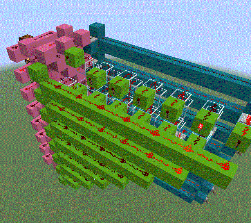 A minecraft screenshot showing a green triangle shaped circuit implementing an and gate