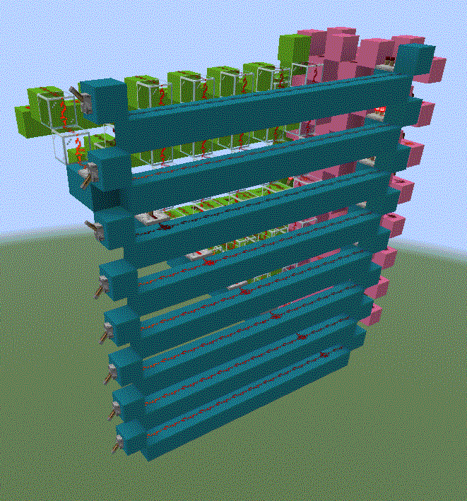 A minecraft screenshot showing levers leading into blue redstone lines which in turn lead to a green circuit and a pink circuit