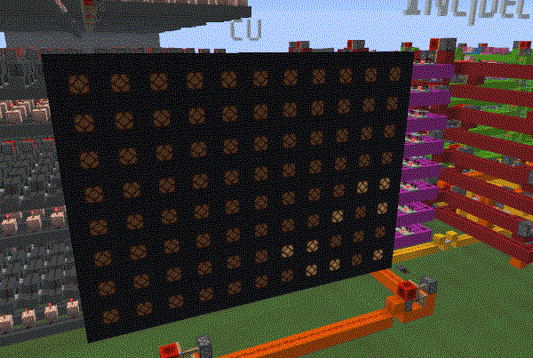 A grid of redstone lamps hooked up to the computer